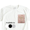 Pink Lucky Treasures Ed. 01 Kimono Pocket T-Shirt with a pocket of vintage Nishijin-ori kimono silk, with lucky treasures, fans and plum blossoms on pink, view 2