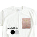 Pink Lucky Treasures Ed. 04 Kimono Pocket T-Shirt with a pocket of vintage Nishijin-ori kimono silk, with lucky treasures, fans and plum blossoms on pink, view 2