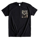 Purple Butterfly Garden Ed. 01 Kimono Pocket T-Shirt with a pocket of vintage Nishijin-ori kimono silk, with large butterflies over leaves and small blossoms, view 4
