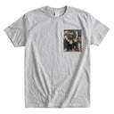 Purple Butterfly Garden Ed. 01 Kimono Pocket T-Shirt with a pocket of vintage Nishijin-ori kimono silk, with large butterflies over leaves and small blossoms, view 5
