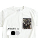 Purple Butterfly Garden Ed. 01 Kimono Pocket T-Shirt with a pocket of vintage Nishijin-ori kimono silk, with large butterflies over leaves and small blossoms, view 2