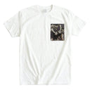 Purple Butterfly Garden Ed. 01 Kimono Pocket T-Shirt with a pocket of vintage Nishijin-ori kimono silk, with large butterflies over leaves and small blossoms, view 3
