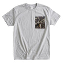 Purple Butterfly Garden Ed. 02 Kimono Pocket T-Shirt with a pocket of vintage Nishijin-ori kimono silk, with large butterflies over leaves and small blossoms, view 5