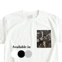 Purple Butterfly Garden Ed. 02 Kimono Pocket T-Shirt with a pocket of vintage Nishijin-ori kimono silk, with large butterflies over leaves and small blossoms, view 2