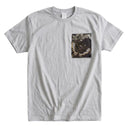 Purple Butterfly Garden Ed. 03 Kimono Pocket T-Shirt with a pocket of vintage Nishijin-ori kimono silk, with large butterflies over leaves and small blossoms, view 5