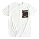 Purple Butterfly Garden Ed. 03 Kimono Pocket T-Shirt with a pocket of vintage Nishijin-ori kimono silk, with large butterflies over leaves and small blossoms, view 3