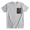 Purple Butterfly Garden Ed. 04 Kimono Pocket T-Shirt with a pocket of vintage Nishijin-ori kimono silk, with large butterflies over leaves and small blossoms, view 5