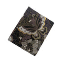 Purple Butterfly Garden Ed. 04 Kimono Pocket T-Shirt with a pocket of vintage Nishijin-ori kimono silk, with large butterflies over leaves and small blossoms