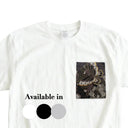 Purple Butterfly Garden Ed. 04 Kimono Pocket T-Shirt with a pocket of vintage Nishijin-ori kimono silk, with large butterflies over leaves and small blossoms, view 2