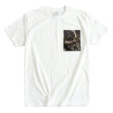 Purple Butterfly Garden Ed. 04 Kimono Pocket T-Shirt with a pocket of vintage Nishijin-ori kimono silk, with large butterflies over leaves and small blossoms, view 3