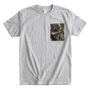 Purple Butterfly Garden Ed. 05 Kimono Pocket T-Shirt with a pocket of vintage Nishijin-ori kimono silk, with large butterflies over leaves and small blossoms, view 5