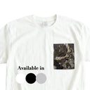 Purple Butterfly Garden Ed. 05 Kimono Pocket T-Shirt with a pocket of vintage Nishijin-ori kimono silk, with large butterflies over leaves and small blossoms, view 2