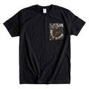 Purple Butterfly Garden Ed. 06 Kimono Pocket T-Shirt with a pocket of vintage Nishijin-ori kimono silk, with large butterflies over leaves and small blossoms, view 4