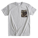 Purple Butterfly Garden Ed. 06 Kimono Pocket T-Shirt with a pocket of vintage Nishijin-ori kimono silk, with large butterflies over leaves and small blossoms, view 5