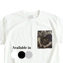 Purple Butterfly Garden Ed. 06 Kimono Pocket T-Shirt with a pocket of vintage Nishijin-ori kimono silk, with large butterflies over leaves and small blossoms, view 2