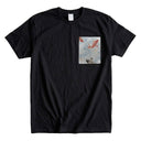 Sky Blue Koi Stream Ed. 01 Kimono Pocket T-Shirt with a pocket of vintage Nishijin-ori kimono silk, with red and charcoal koi in flowing water, view 4