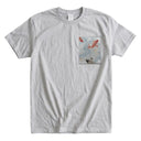 Sky Blue Koi Stream Ed. 01 Kimono Pocket T-Shirt with a pocket of vintage Nishijin-ori kimono silk, with red and charcoal koi in flowing water, view 5