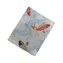 Sky Blue Koi Stream Ed. 01 Kimono Pocket T-Shirt with a pocket of vintage Nishijin-ori kimono silk, with red and charcoal koi in flowing water