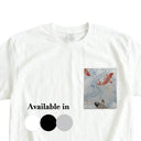 Sky Blue Koi Stream Ed. 01 Kimono Pocket T-Shirt with a pocket of vintage Nishijin-ori kimono silk, with red and charcoal koi in flowing water, view 2