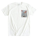 Sky Blue Koi Stream Ed. 01 Kimono Pocket T-Shirt with a pocket of vintage Nishijin-ori kimono silk, with red and charcoal koi in flowing water, view 3