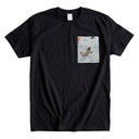 Sky Blue Koi Stream Ed. 02 Kimono Pocket T-Shirt with a pocket of vintage Nishijin-ori kimono silk, with red and charcoal koi in flowing water, view 4