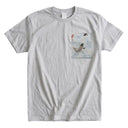 Sky Blue Koi Stream Ed. 02 Kimono Pocket T-Shirt with a pocket of vintage Nishijin-ori kimono silk, with red and charcoal koi in flowing water, view 5