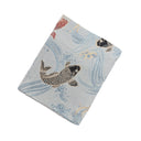 Sky Blue Koi Stream Ed. 02 Kimono Pocket T-Shirt with a pocket of vintage Nishijin-ori kimono silk, with red and charcoal koi in flowing water