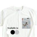 Sky Blue Koi Stream Ed. 02 Kimono Pocket T-Shirt with a pocket of vintage Nishijin-ori kimono silk, with red and charcoal koi in flowing water, view 2