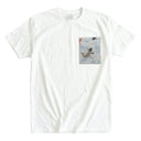 Sky Blue Koi Stream Ed. 02 Kimono Pocket T-Shirt with a pocket of vintage Nishijin-ori kimono silk, with red and charcoal koi in flowing water, view 3