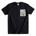 Sky Blue Koi Stream Ed. 03 Kimono Pocket T-Shirt with a pocket of vintage Nishijin-ori kimono silk, with red and charcoal koi in flowing water, view 4