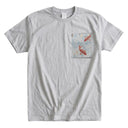 Sky Blue Koi Stream Ed. 03 Kimono Pocket T-Shirt with a pocket of vintage Nishijin-ori kimono silk, with red and charcoal koi in flowing water, view 5