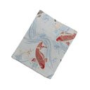 Sky Blue Koi Stream Ed. 03 Kimono Pocket T-Shirt with a pocket of vintage Nishijin-ori kimono silk, with red and charcoal koi in flowing water
