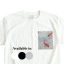 Sky Blue Koi Stream Ed. 03 Kimono Pocket T-Shirt with a pocket of vintage Nishijin-ori kimono silk, with red and charcoal koi in flowing water, view 2