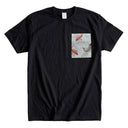 Sky Blue Koi Stream Ed. 05 Kimono Pocket T-Shirt with a pocket of vintage Nishijin-ori kimono silk, with red and charcoal koi in flowing water, view 4