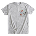 Sky Blue Koi Stream Ed. 05 Kimono Pocket T-Shirt with a pocket of vintage Nishijin-ori kimono silk, with red and charcoal koi in flowing water, view 5