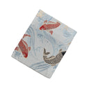 Sky Blue Koi Stream Ed. 05 Kimono Pocket T-Shirt with a pocket of vintage Nishijin-ori kimono silk, with red and charcoal koi in flowing water