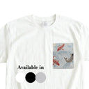 Sky Blue Koi Stream Ed. 05 Kimono Pocket T-Shirt with a pocket of vintage Nishijin-ori kimono silk, with red and charcoal koi in flowing water, view 2