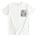 Sky Blue Koi Stream Ed. 05 Kimono Pocket T-Shirt with a pocket of vintage Nishijin-ori kimono silk, with red and charcoal koi in flowing water, view 3