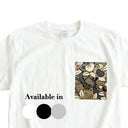 Zen Flow Kimono Pocket T-Shirt with a pocket of vintage kimono silk, with ripe autumn persimmons among broad leaves, view 2