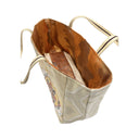 Modern Heritage obi handbag made from a vintage Japanese obi, with a great folding fan in gold and dusty rose, view 7