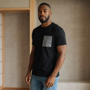 Oshima Thread Kimono Pocket T-Shirt with a pocket of vintage Oshima tsumugi silk, with a soft fan motif on rich dark brown, view 3