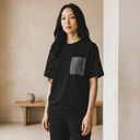 Oshima Thread Kimono Pocket T-Shirt with a pocket of vintage Oshima tsumugi silk, with a soft fan motif on rich dark brown, view 4