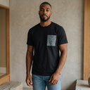 Tsumugi Essence Kimono Pocket T-Shirt with a pocket of vintage Oshima tsumugi silk in a pale blue and brown geometric weave, view 3