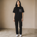 Oshima Flow Ed. 01 Kimono Pocket T-Shirt with a pocket of vintage Oshima tsumugi silk, with red blossoms in a black and white lattice, view 4