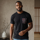 Oshima Flow Ed. 01 Kimono Pocket T-Shirt with a pocket of vintage Oshima tsumugi silk, with red blossoms in a black and white lattice, view 3