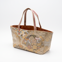 Modern Heritage obi handbag made from a vintage Japanese obi, with a great folding fan in gold and dusty rose