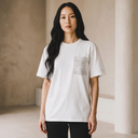 Fuji Breeze Kimono Pocket T-Shirt with a pocket of a vintage shiro-muku wedding kimono, woven with white plum blossoms, view 3