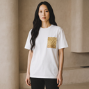 Golden Weave Ed. 02 Kimono Pocket T-Shirt with a pocket of vintage Nishijin-ori kimono silk in a golden shippo seven-treasures lattice, view 3