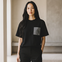 Heritage Oshima Ed. 01 Kimono Pocket T-Shirt with a pocket of vintage Oshima tsumugi silk, with a soft fan motif on rich dark brown, view 4