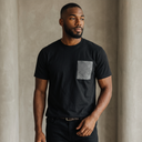 Heritage Oshima Ed. 01 Kimono Pocket T-Shirt with a pocket of vintage Oshima tsumugi silk, with a soft fan motif on rich dark brown, view 3